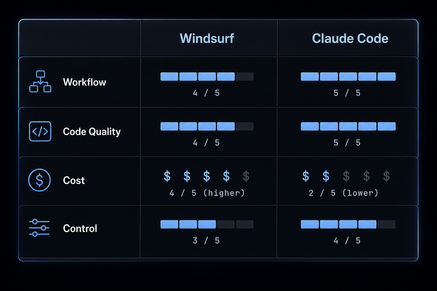 Windsurf vs Claude Code comparison table for workflow quality cost and control.